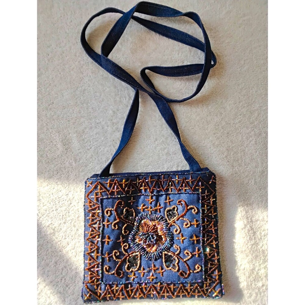 Boho Beaded Embroidered Jean Crossbody Bag Blue Brown Lined